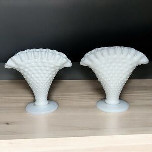Vintage Fenton Hobnail Milk Glass Ruffled Fan Vases- Set of 2